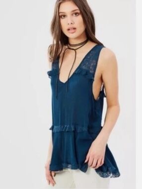 Free People Intimately Teal Blue Lace Trapeze Top Sz Large
